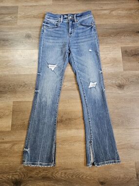 Express Sky Scraper Distressed Blue Flare Jeans with Bottom Slits Size 25